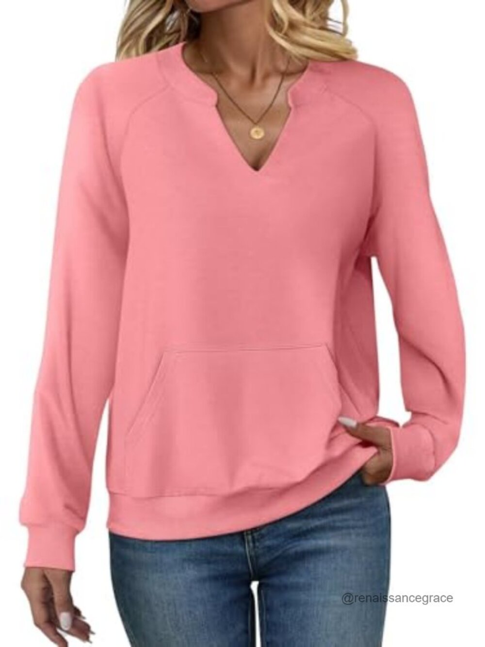 Womens V Neck Sweatshirt Kangaroo Pocket Cotton Polyester Pullover